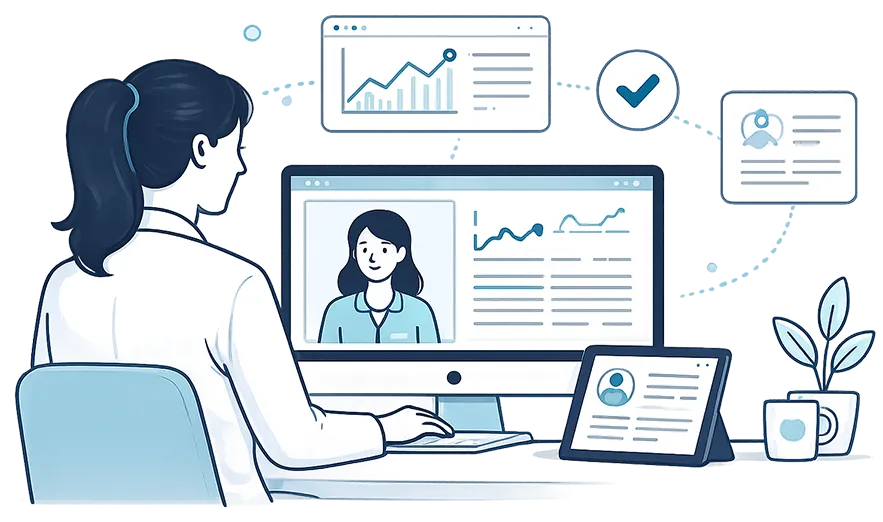 A clinician reviewing patient data across desktop and tablet screens