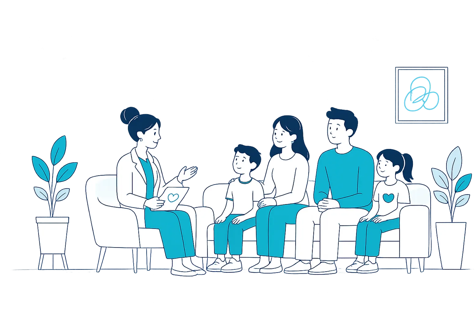 An illustration of a family and provider in a telehealth consultation